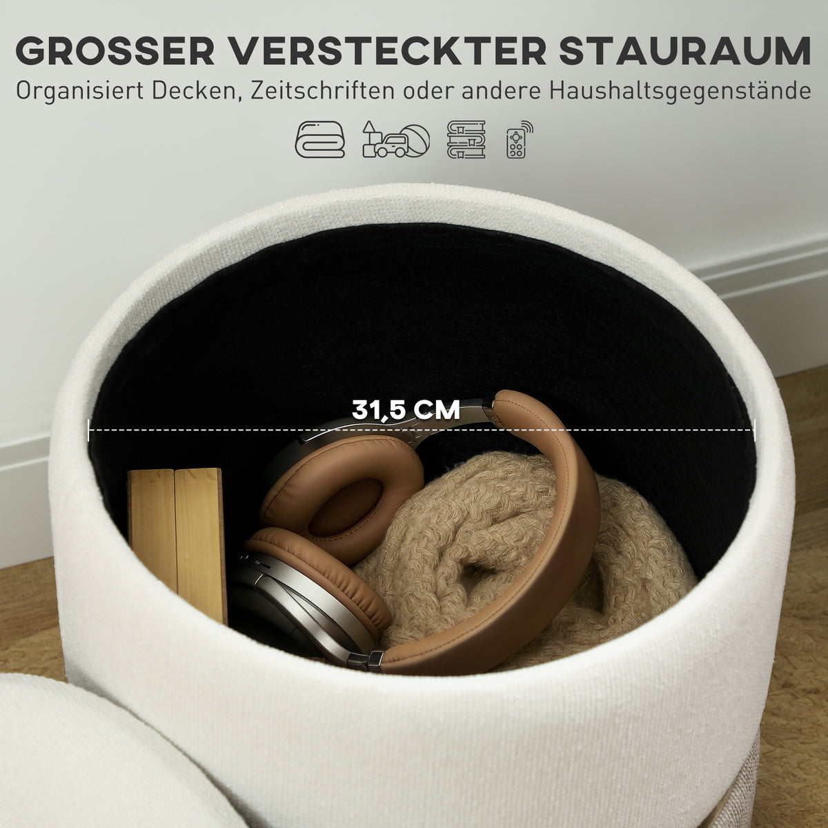 Runder Sitzhocker mit Stauraum und Metallring