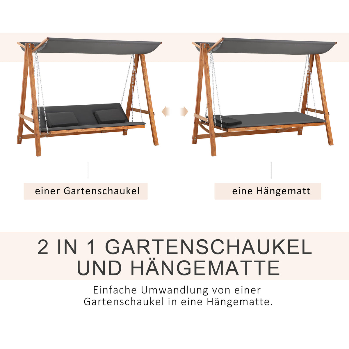 3-Sitzer Gartenschaukel mit Bettfunktion und Dach