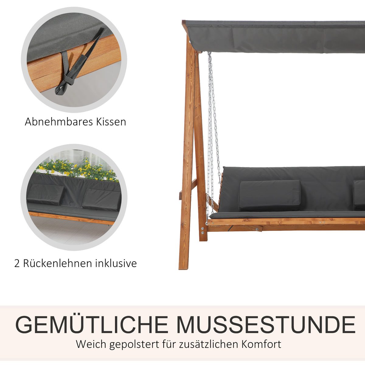 3-Sitzer Gartenschaukel mit Bettfunktion und Dach