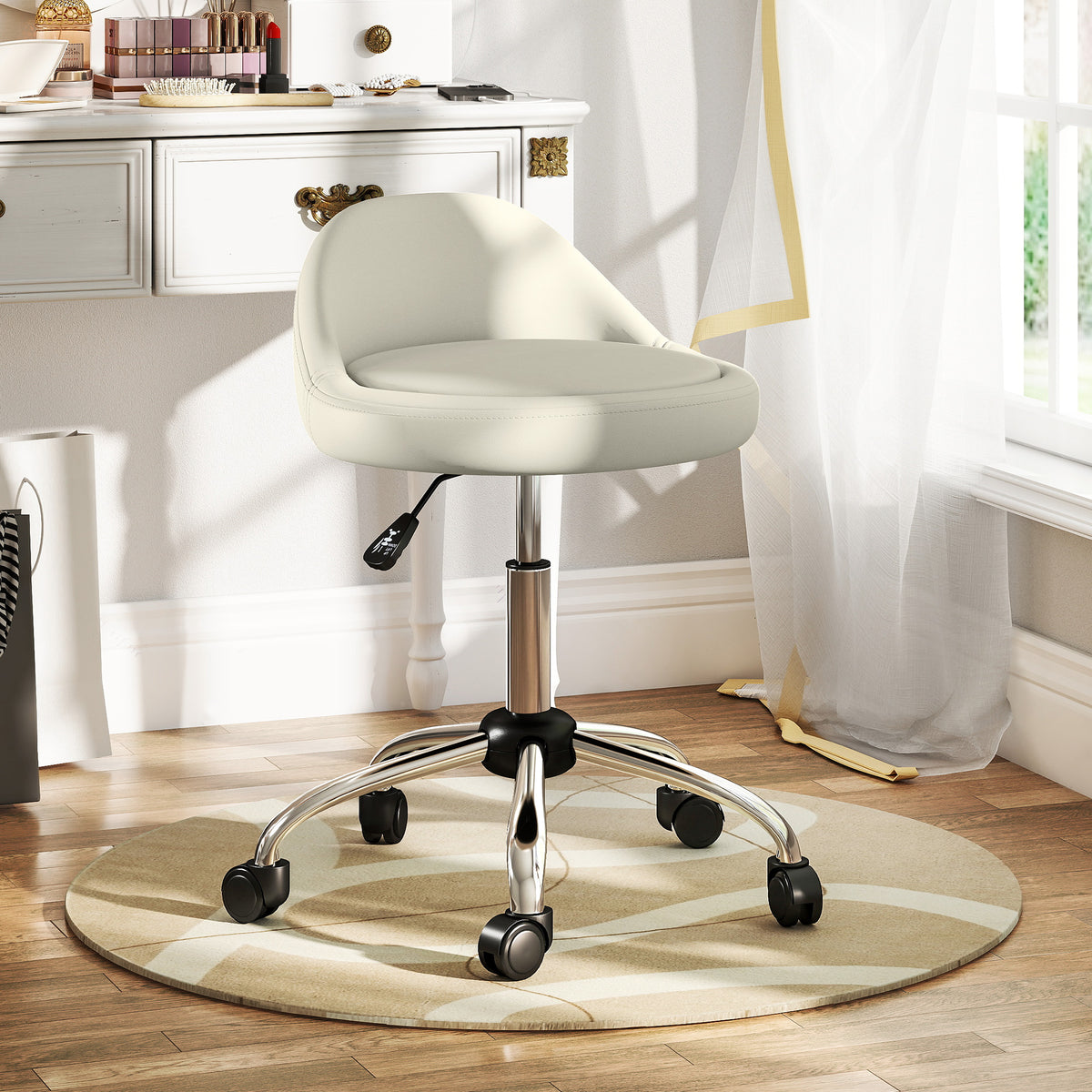 Höhenverstellbarer Rollhocker mit Drehfunktion