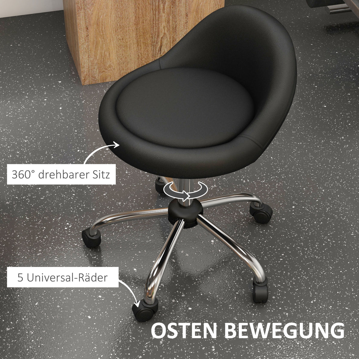 Höhenverstellbarer Rollhocker mit Drehfunktion
