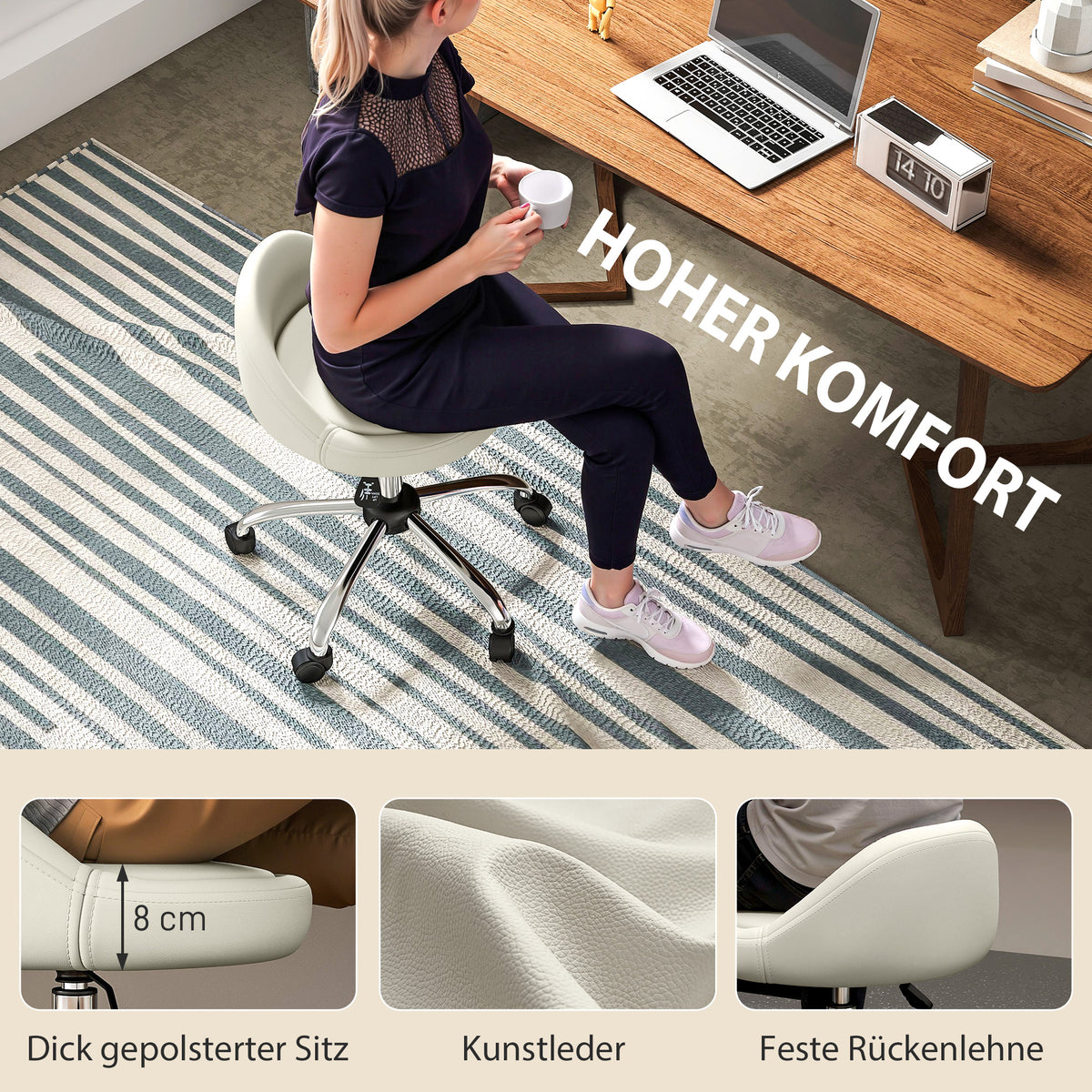 Höhenverstellbarer Rollhocker mit Drehfunktion