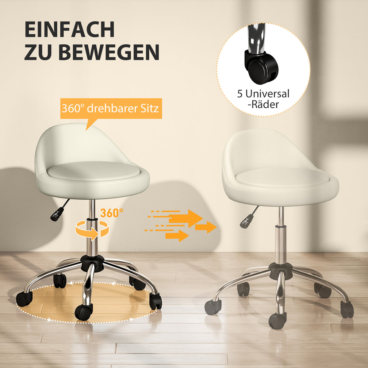 Höhenverstellbarer Rollhocker mit Drehfunktion