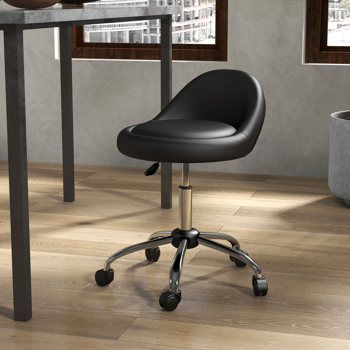 Höhenverstellbarer Rollhocker mit Drehfunktion