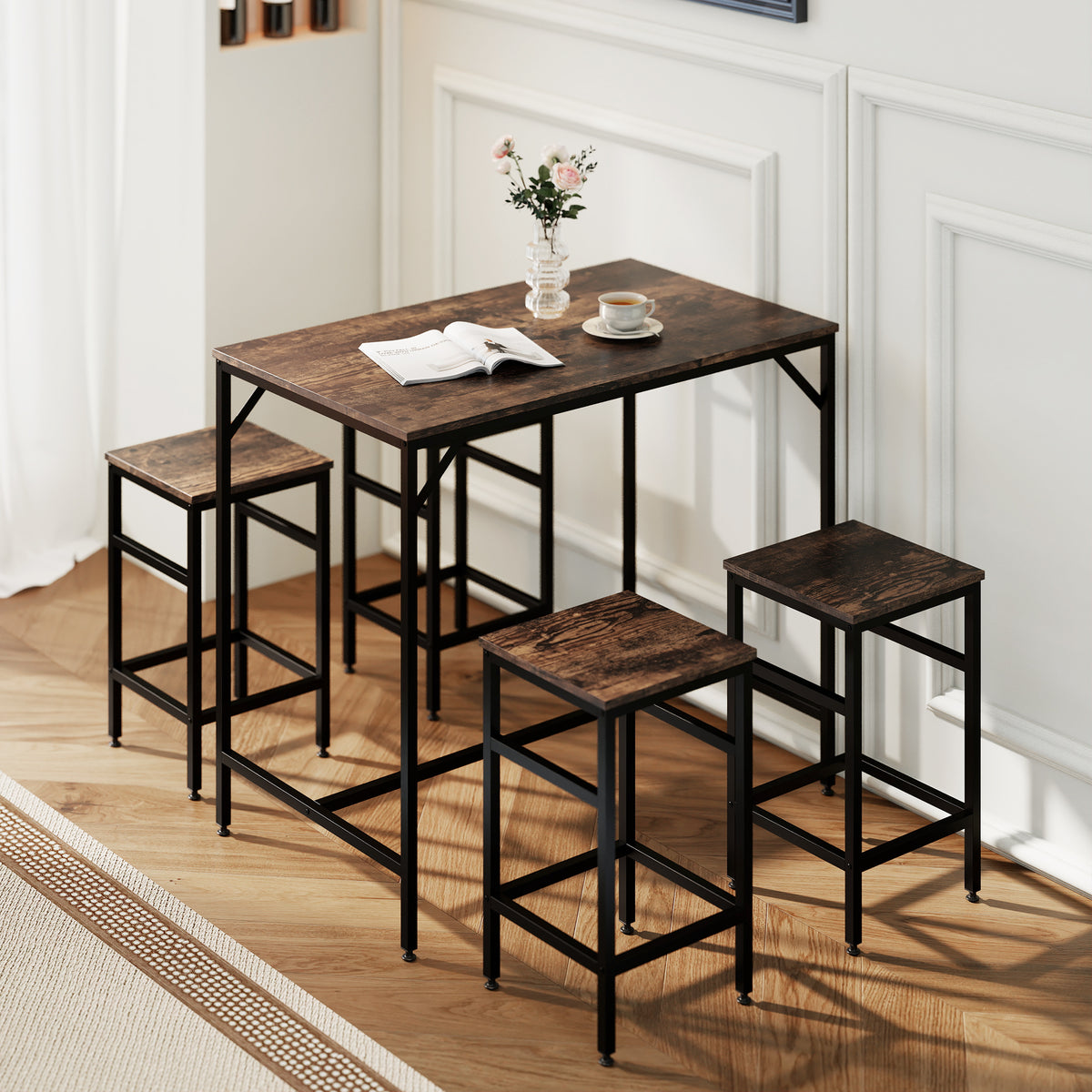 5-teiliges Bartisch-Set mit 4 Hockern