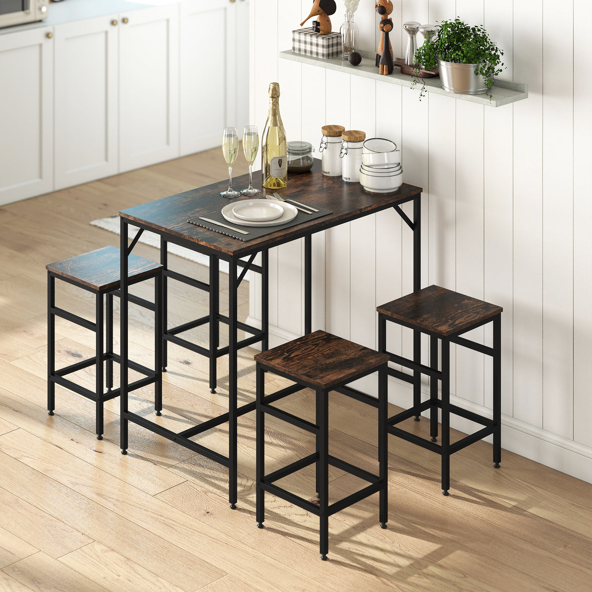 5-teiliges Bartisch-Set mit 4 Hockern