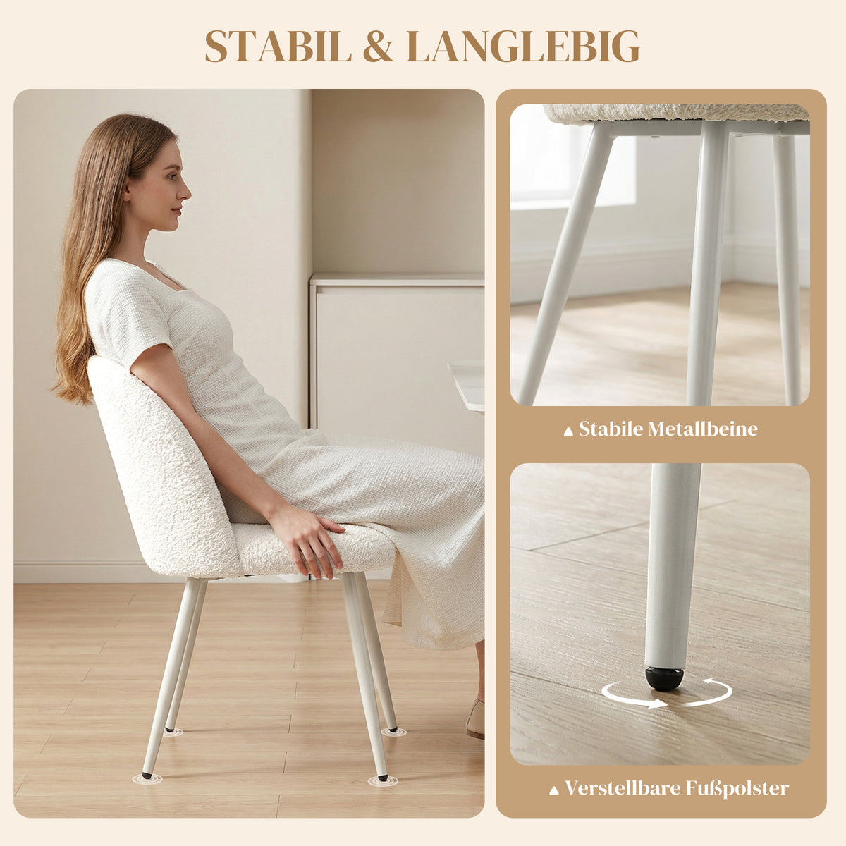 2 Esszimmerstühle mit Chenille-Polsterung und Metallbeinen