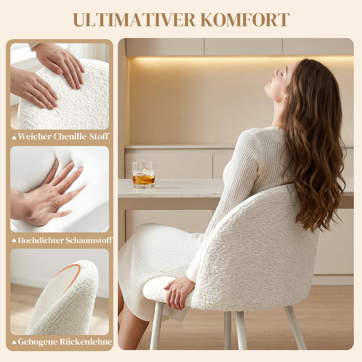 2 Esszimmerstühle mit Chenille-Polsterung und Metallbeinen