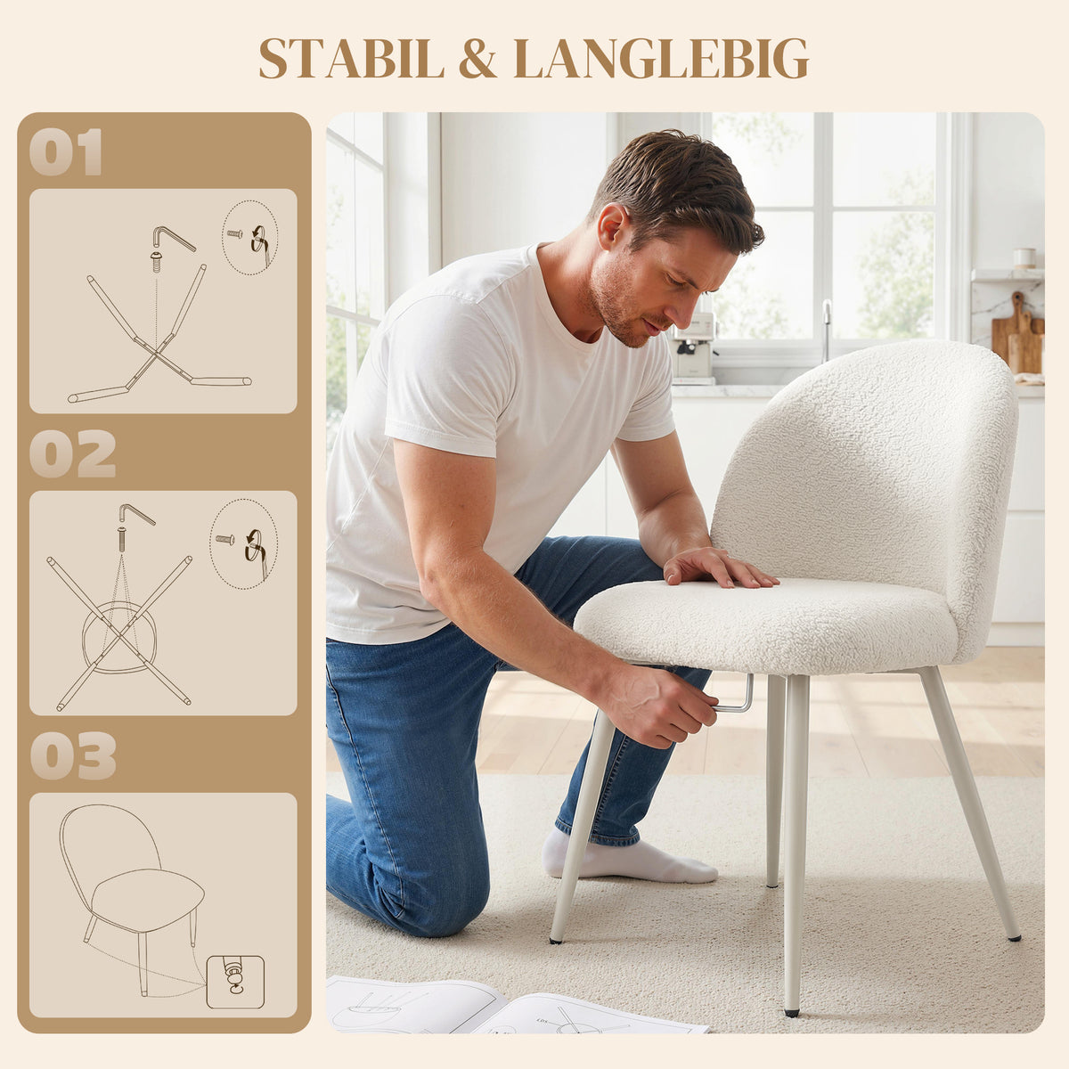 2 Esszimmerstühle mit Chenille-Polsterung und Metallbeinen