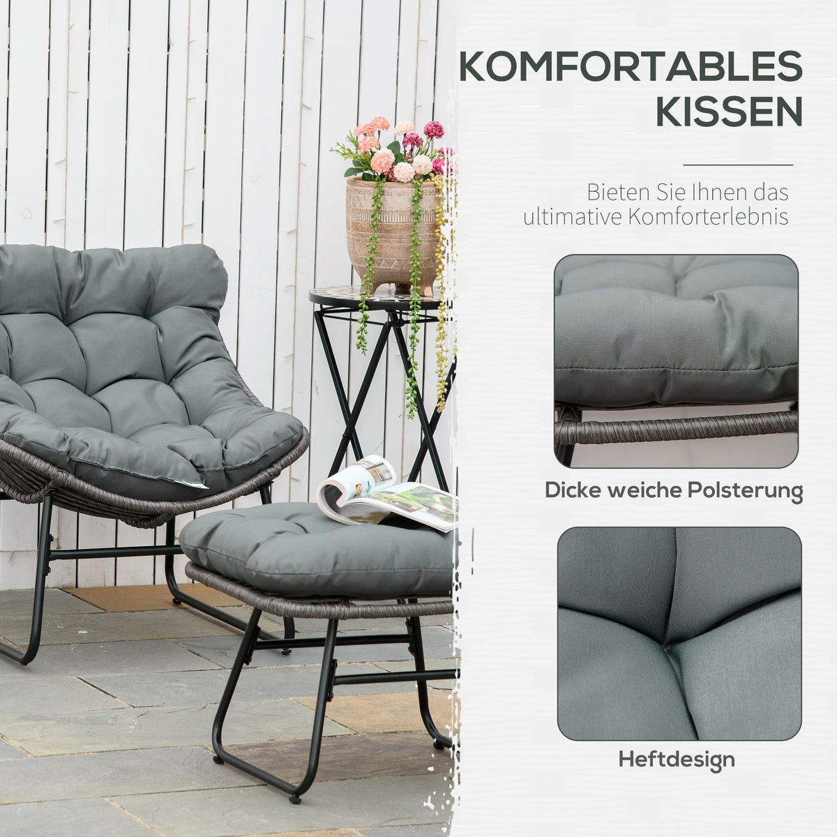Rattan-Relaxsessel mit Fußhocker und Kissen