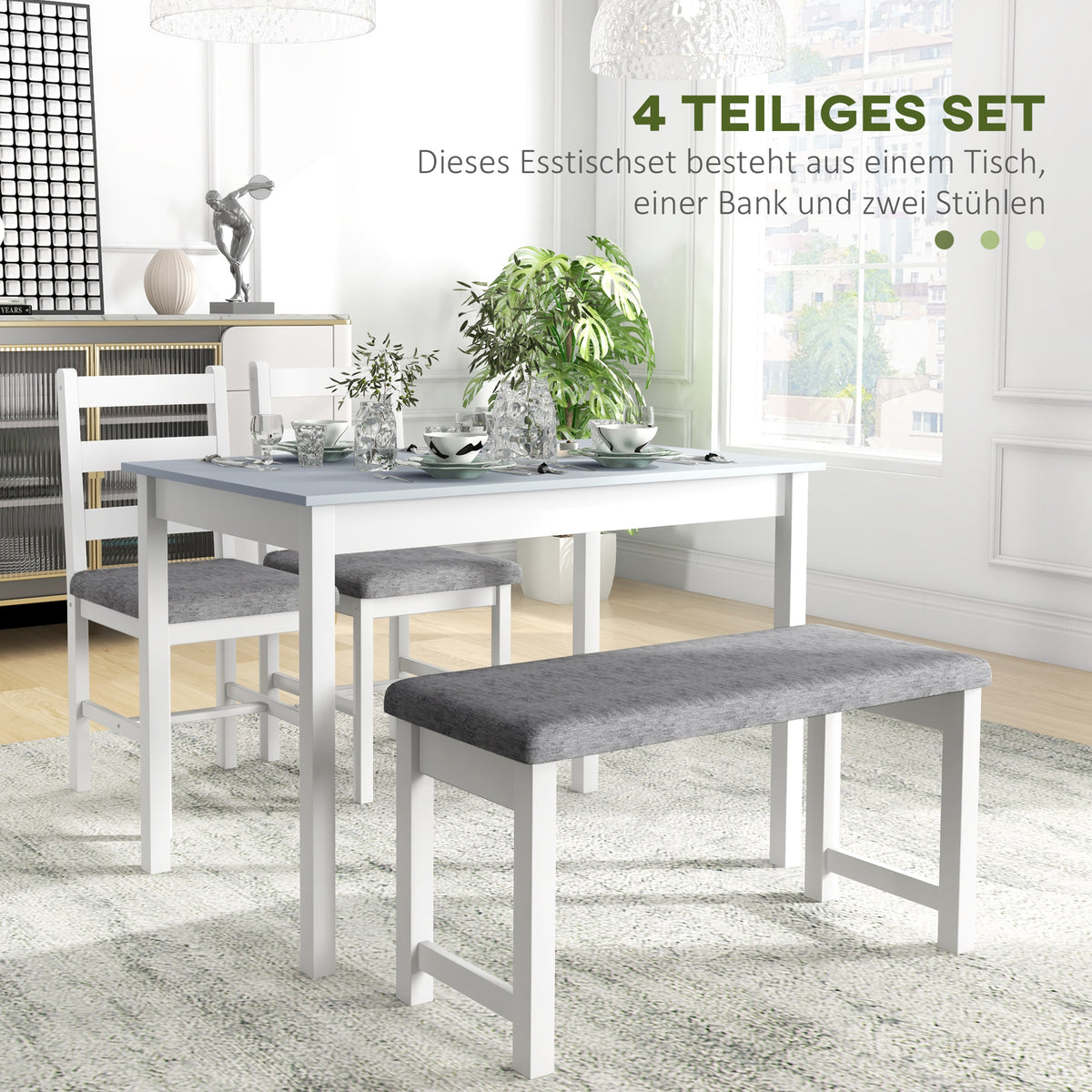 4-teiliges Esstisch-Set mit Bank und 2 Stühlen