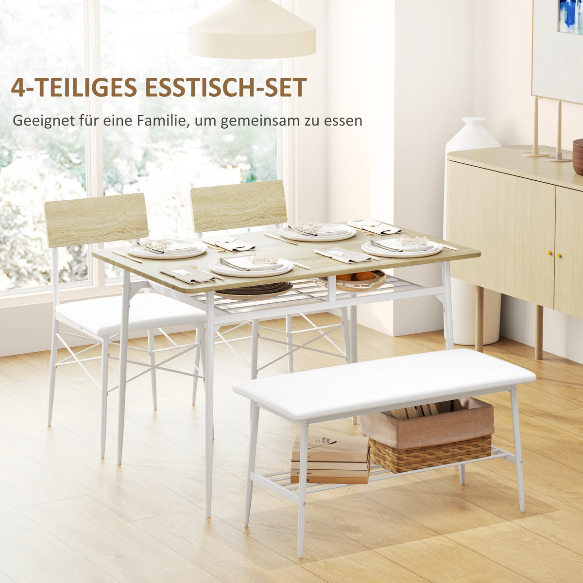 4-teiliges Esstisch-Set mit Bank und 2 Stühlen