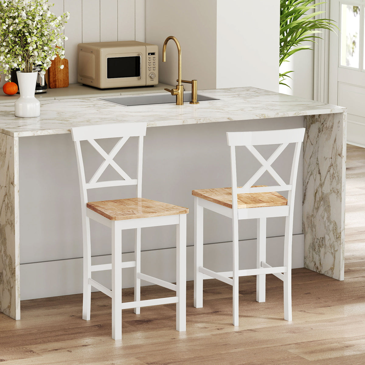 2er-Set Barhocker mit Rückenlehne und Fußstütze