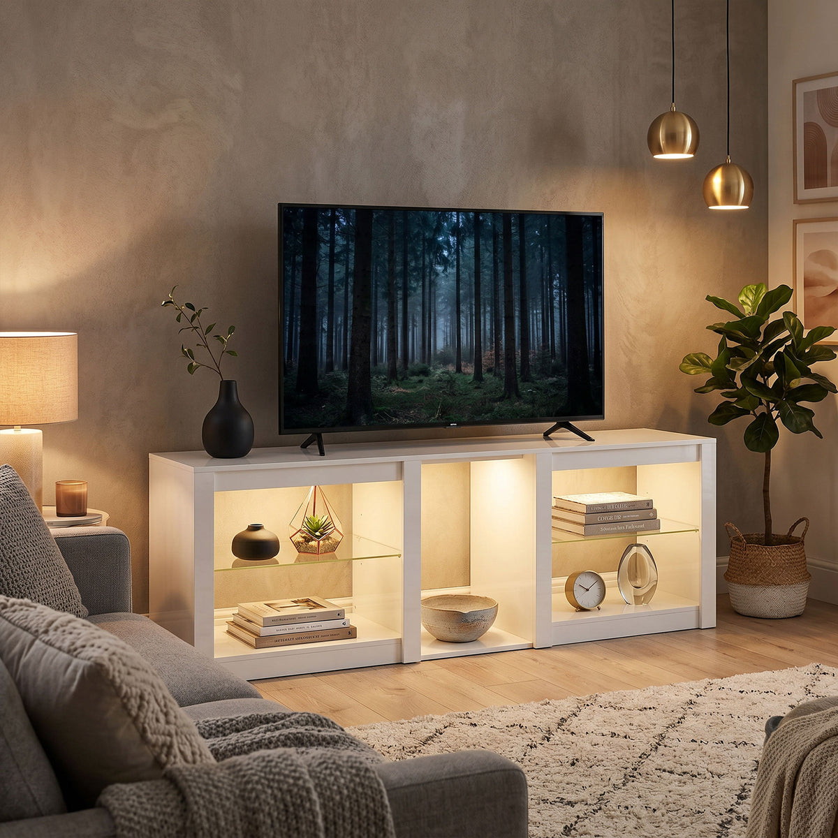 TV-Lowboard 160 cm mit RGB-LEDs und Glasböden