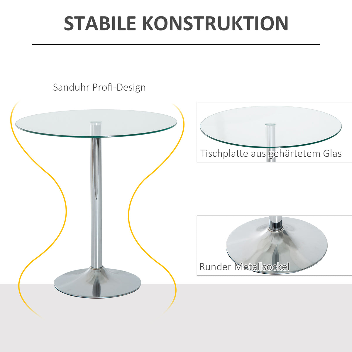 Runder Esstisch mit 8-mm-Glasplatte und Metallgestell