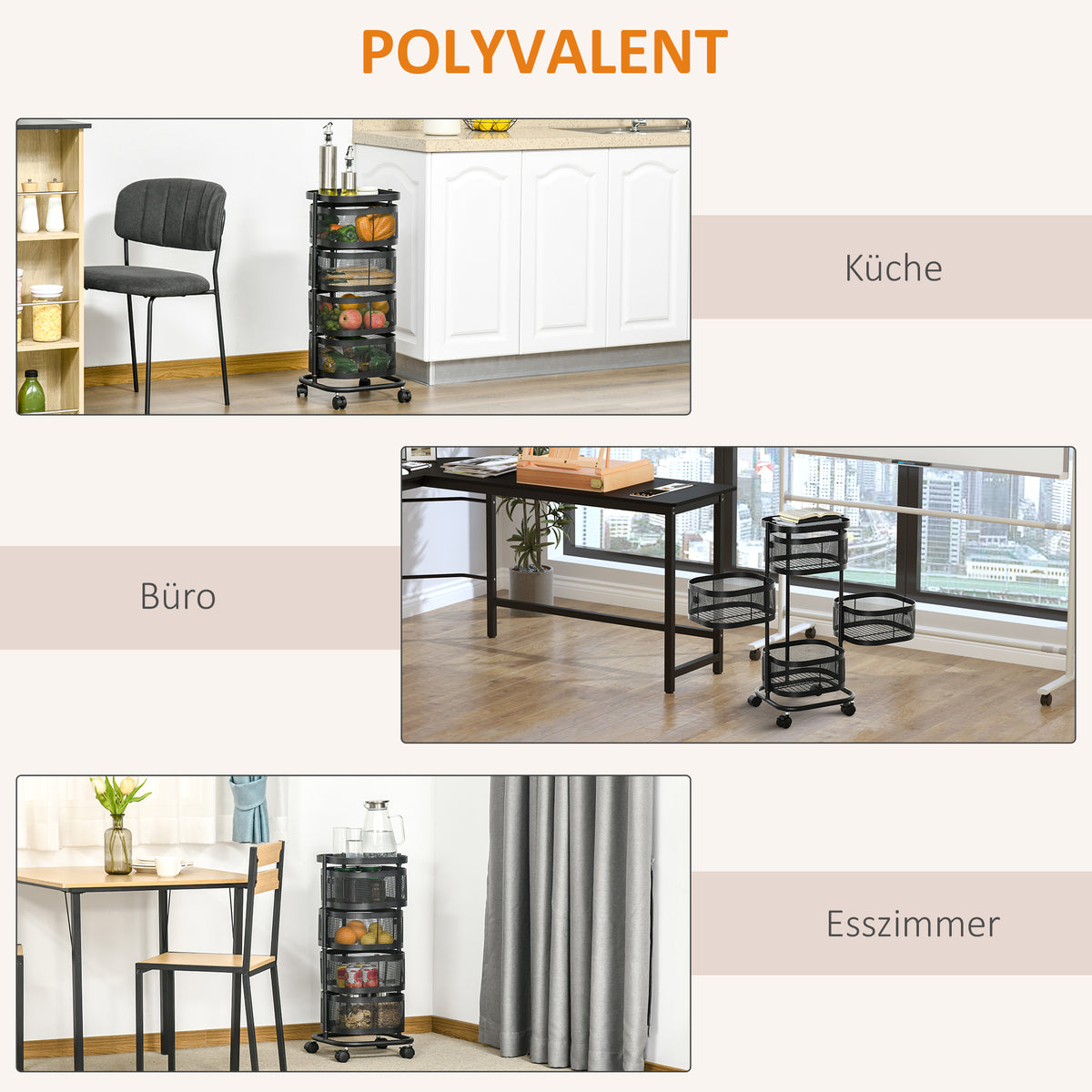 Servierwagen mit vier Körben und Rollen