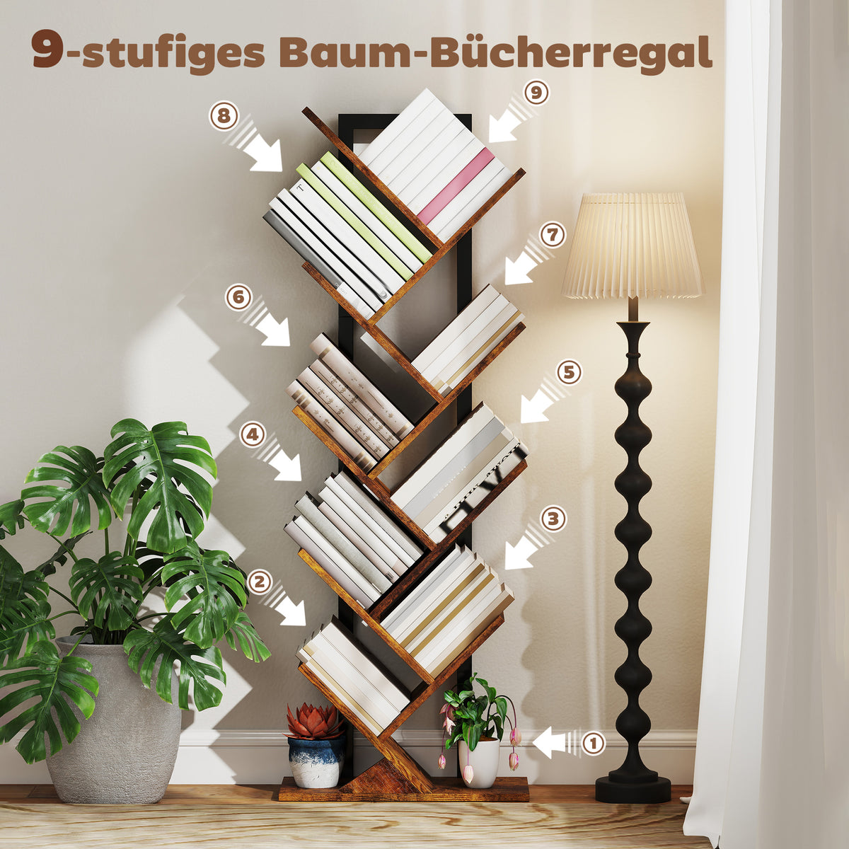 Baum-Bücherregal mit 7 oder 9 Ebenen