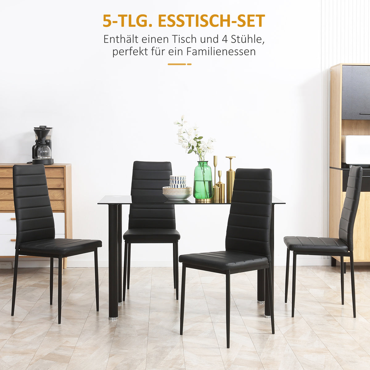 5-teilige Essgruppe mit Glastisch und 4 Stühlen