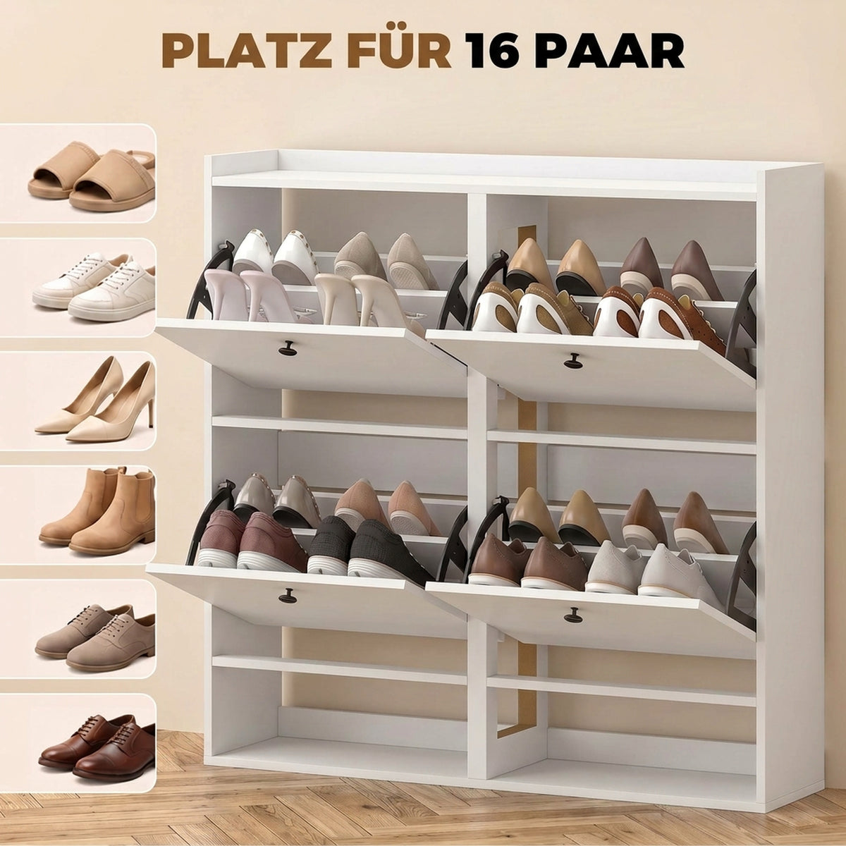 Schuhschrank mit 4 Klappfächern und Ablage