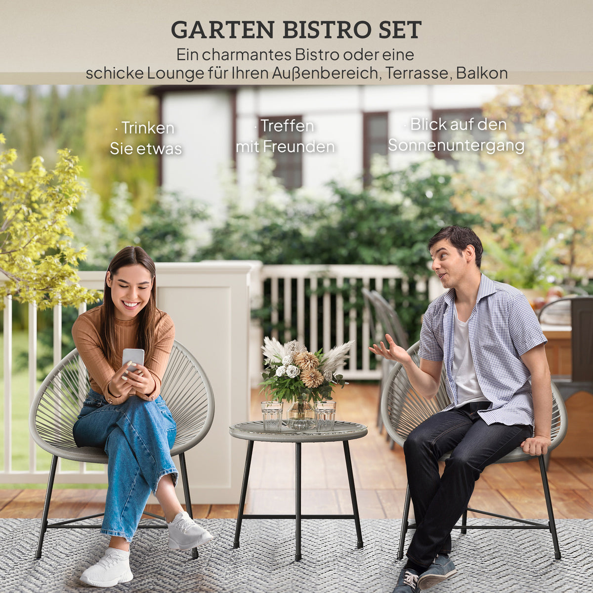 3-teiliges Gartenmöbel-Set mit Glasplatte