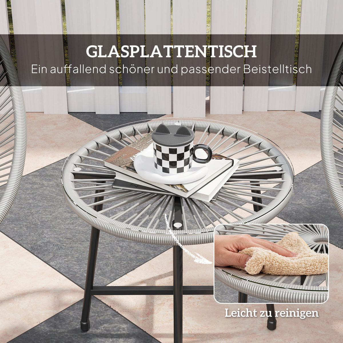 3-teiliges Gartenmöbel-Set mit Glasplatte