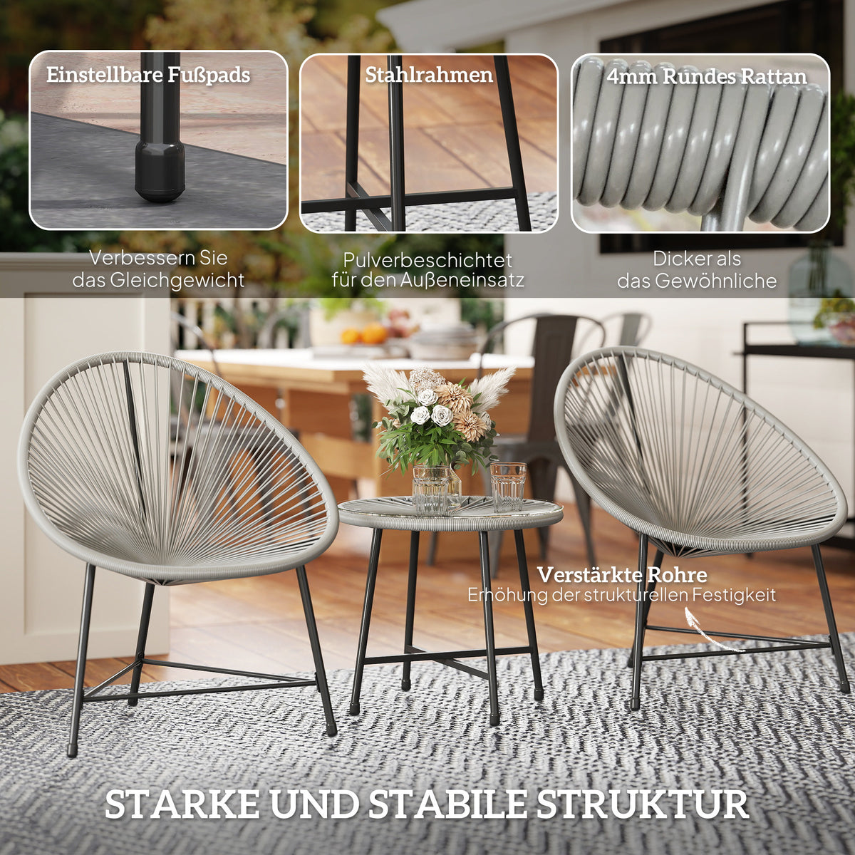 3-teiliges Gartenmöbel-Set mit Glasplatte