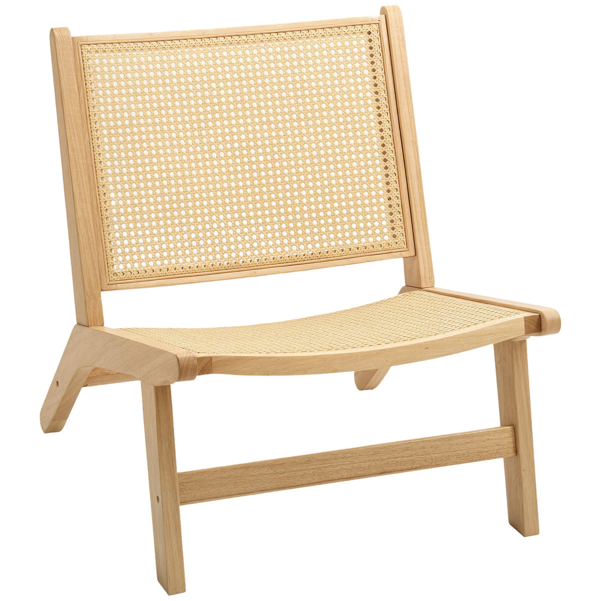 Rattanstuhl mit breiter Sitzfläche und Holzrahmen