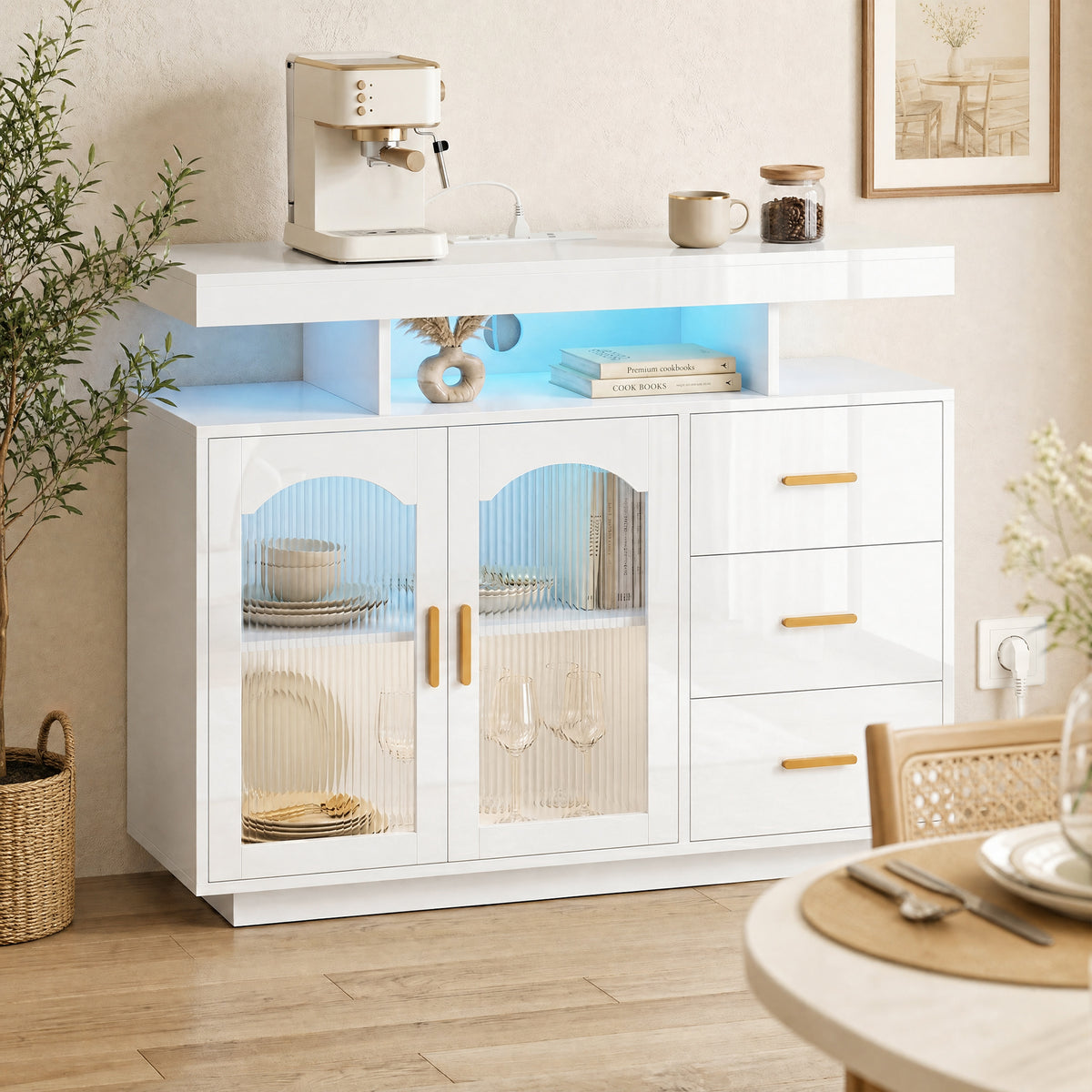 Sideboard mit LED, Steckdosen und 3 Schubladen