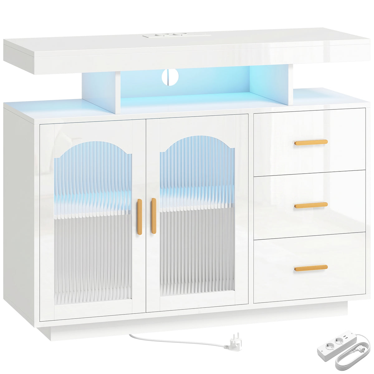 Sideboard mit LED, Steckdosen und 3 Schubladen
