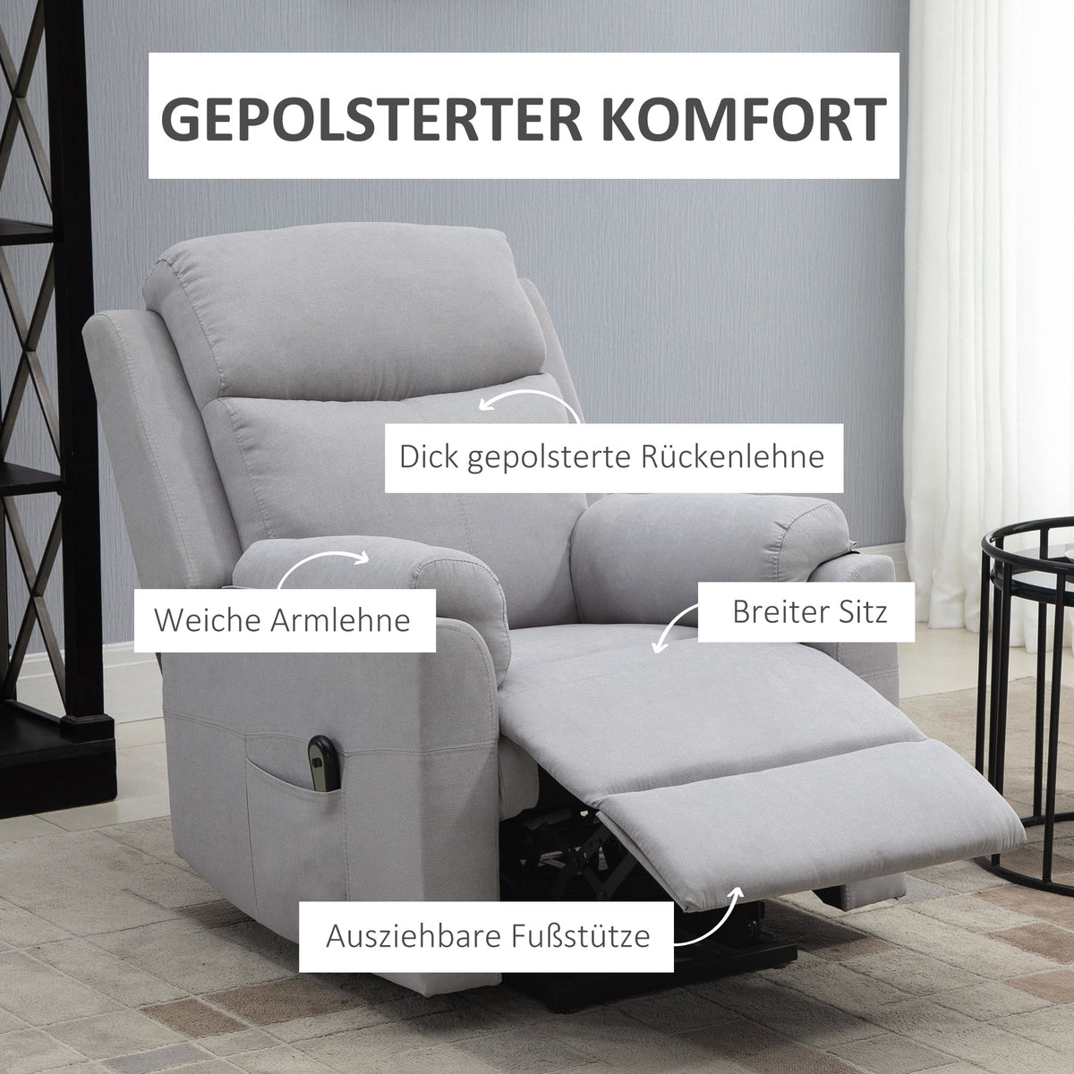 Elektrischer Aufstehsessel mit Liegefunktion und Fernbedienung