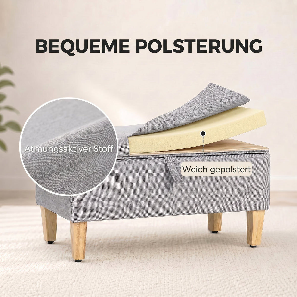 Polsterbank mit Stauraum und Kautschukholzbeinen