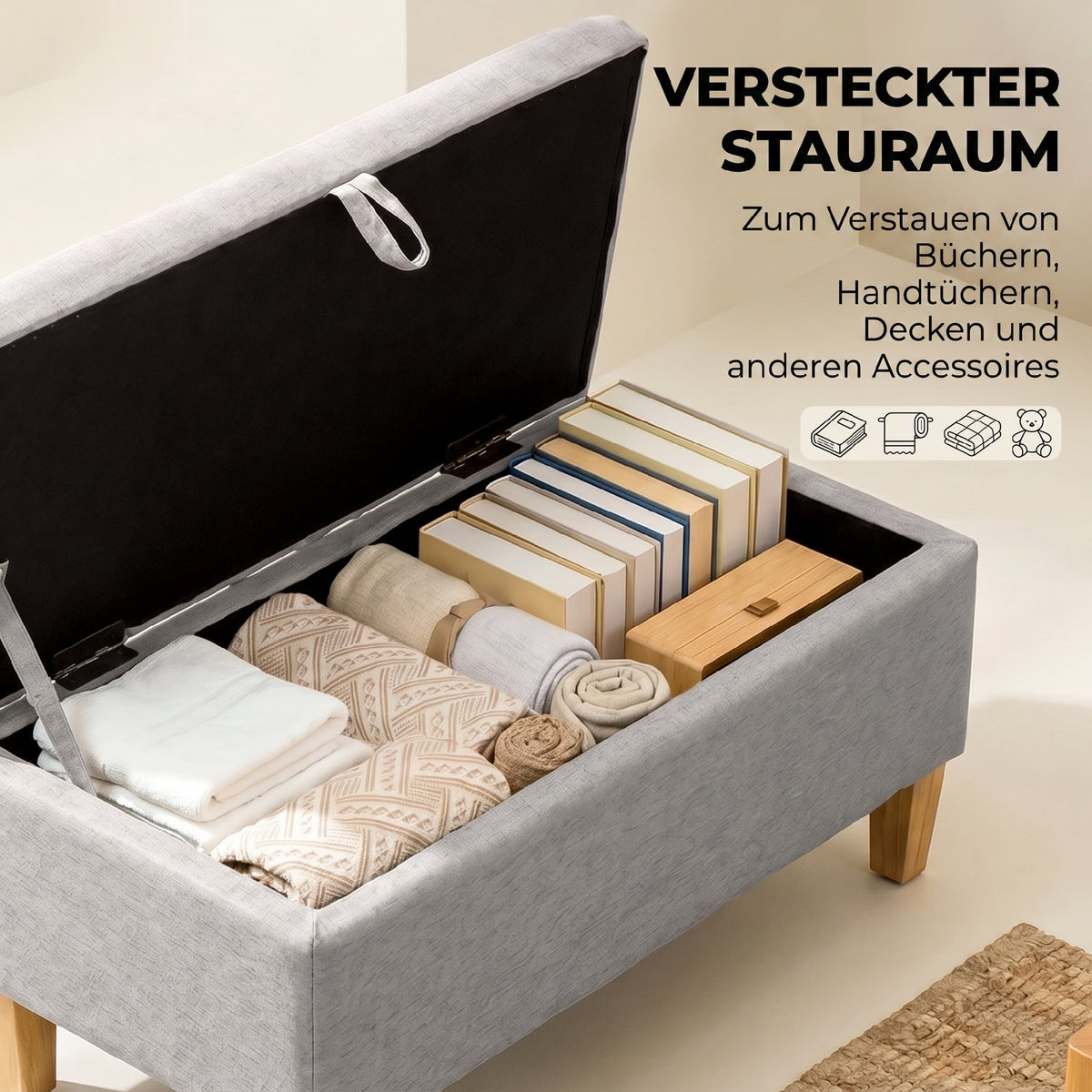 Polsterbank mit Stauraum und Kautschukholzbeinen