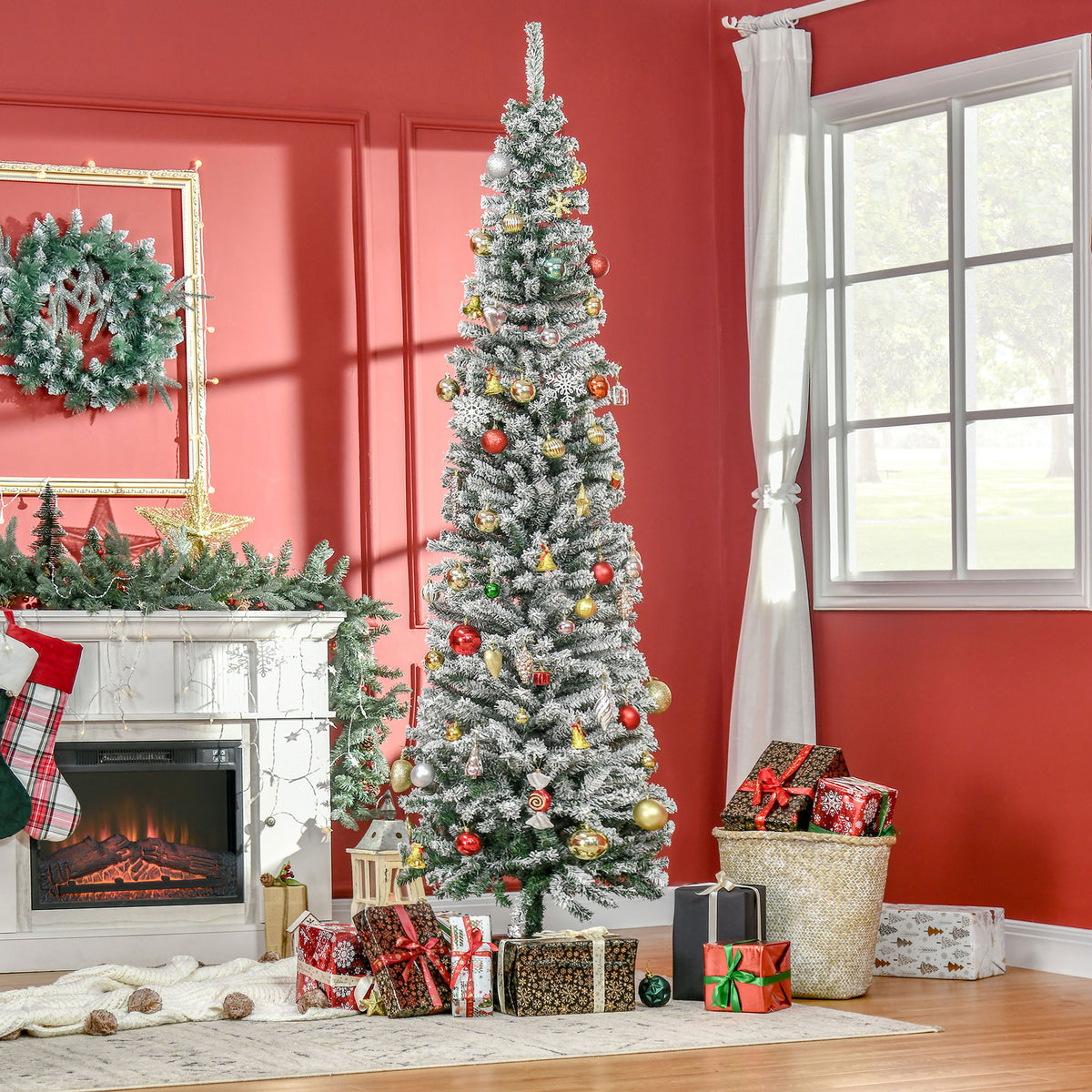 Schlanker künstlicher Weihnachtsbaum mit Schnee, 225 cm