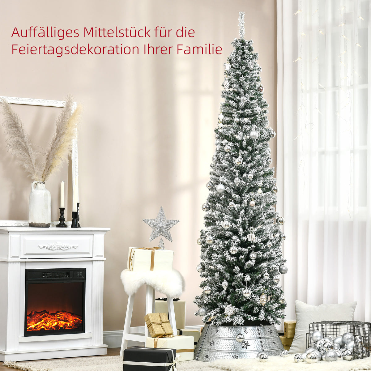 Schlanker künstlicher Weihnachtsbaum mit Schnee, 225 cm