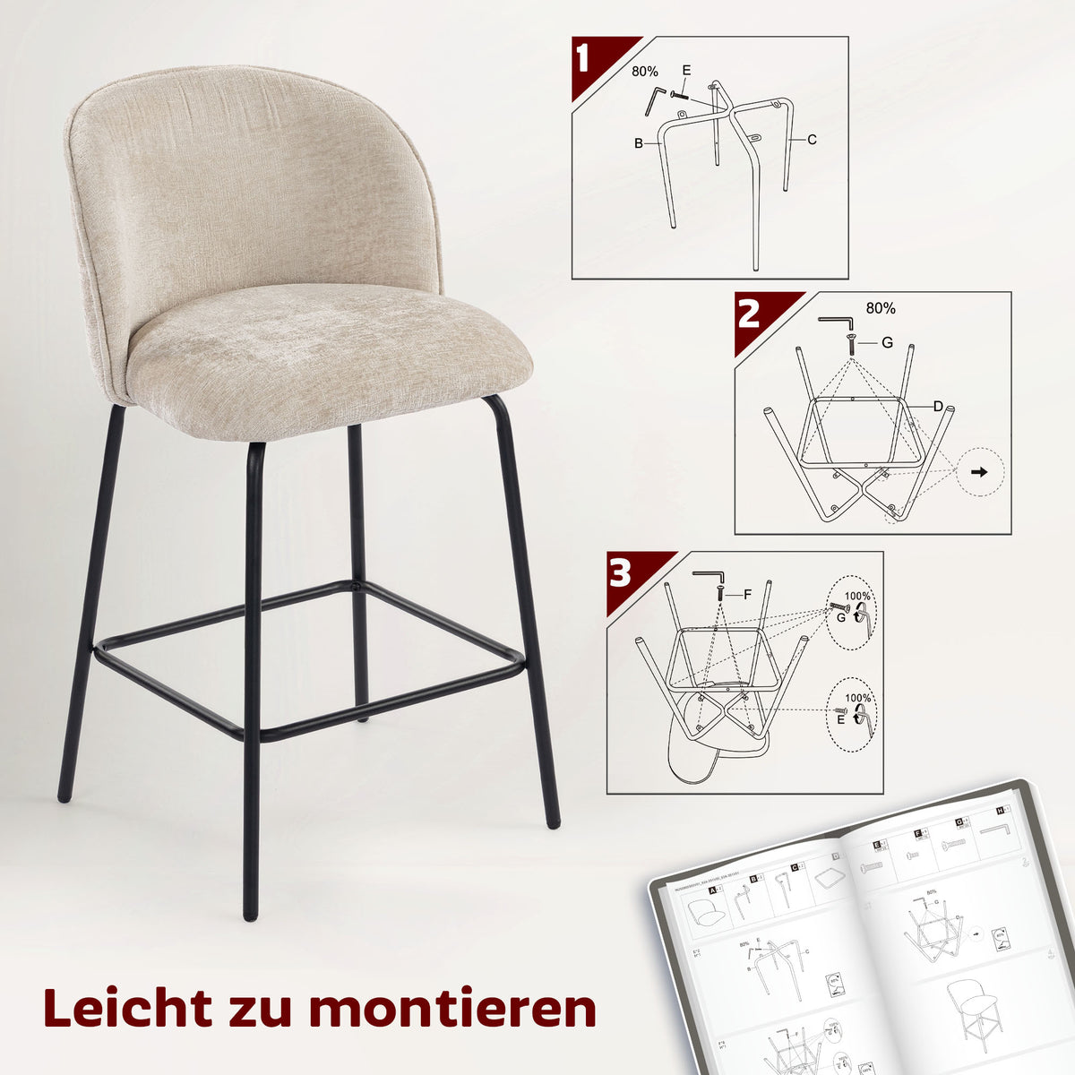 2er-Set Barhocker mit Rückenlehne und Fußstütze
