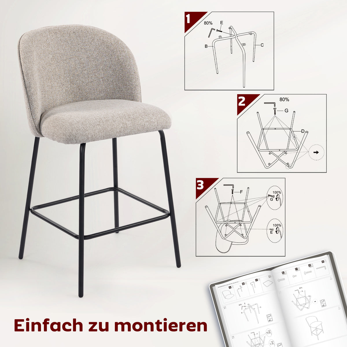 2er-Set Barhocker mit Rückenlehne und Fußstütze