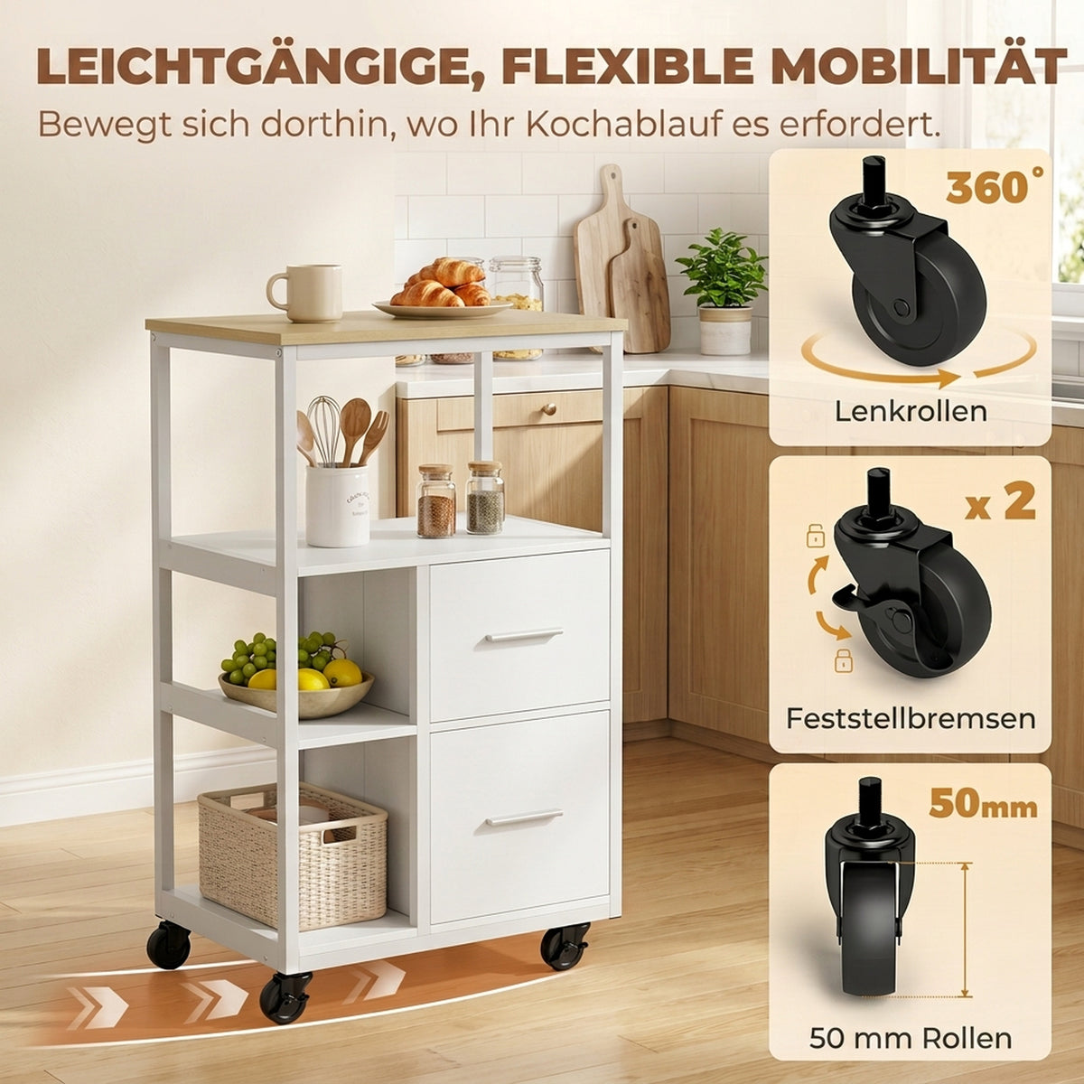 Küchenwagen mit 2 Schubladen und Rollen