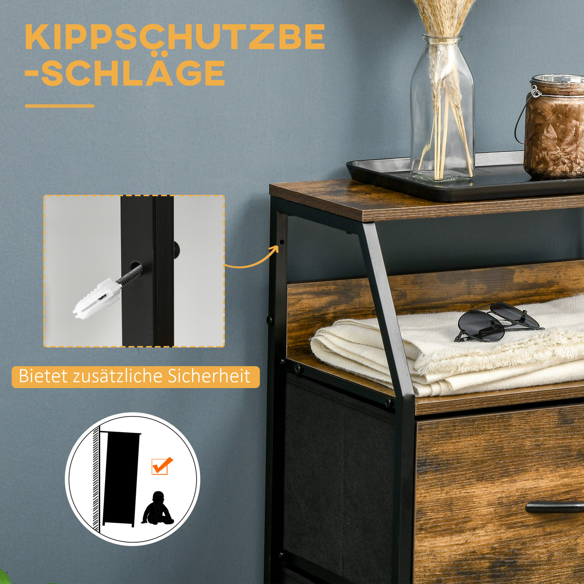 Aufbewahrungsschrank mit 3 Stoffschubladen und 2 Ablagen