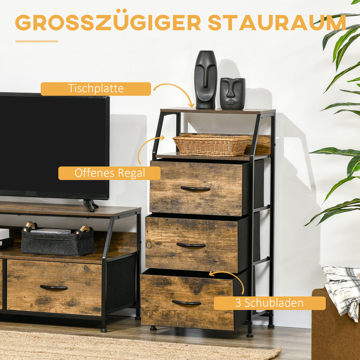 Aufbewahrungsschrank mit 3 Stoffschubladen und 2 Ablagen