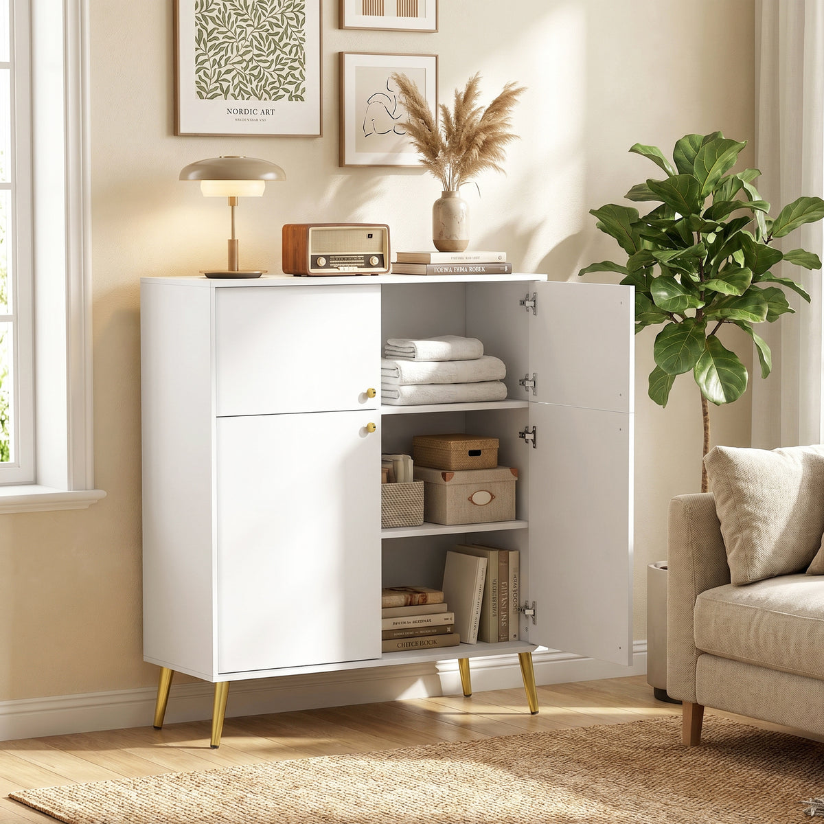 Sideboard mit 4 Türen und Metallfüßen, 105,4 cm