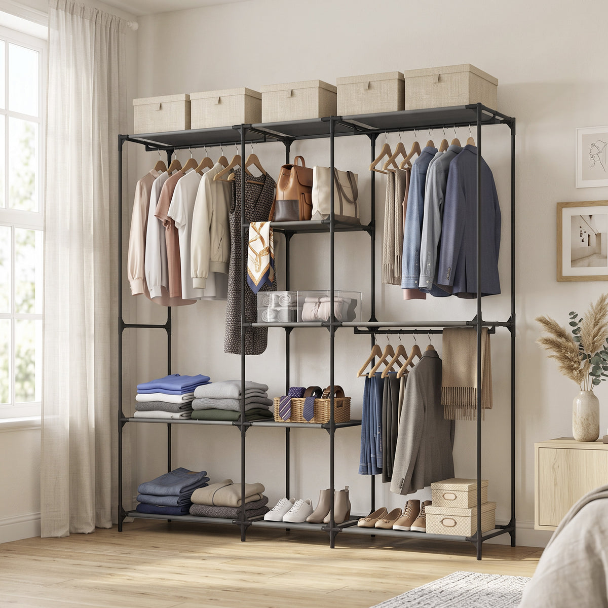 Textil-Kleiderschrank mit 3 Kleiderstangen und 5 Ablagen