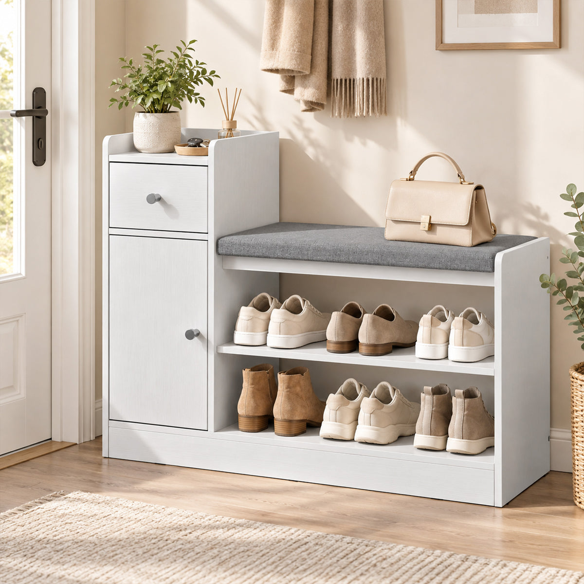 Schuhbank mit Sitzkissen, Schublade und Ablagen