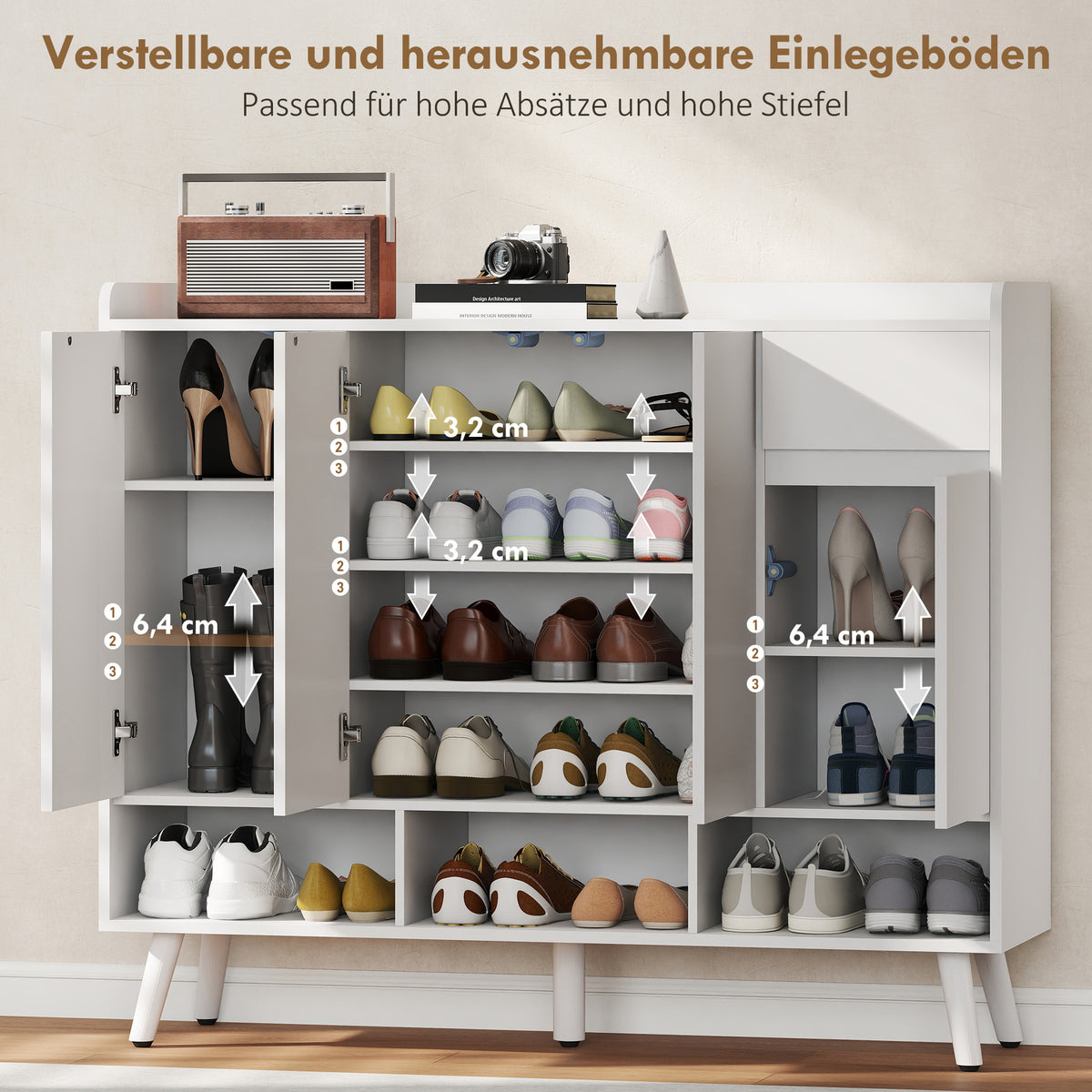 Schuhschrank mit 4 Türen, Schublade und offenen Fächern