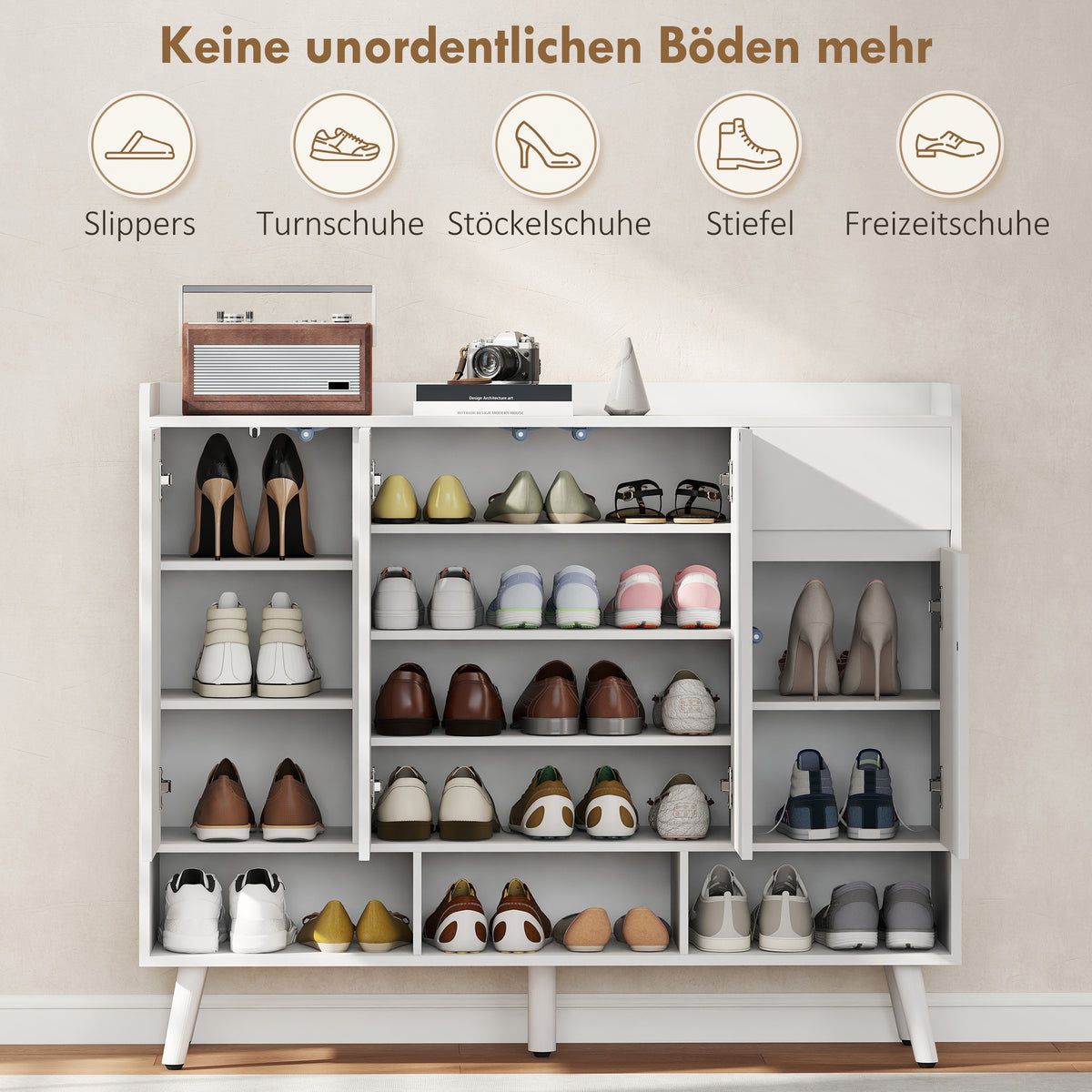 Schuhschrank mit 4 Türen, Schublade und offenen Fächern