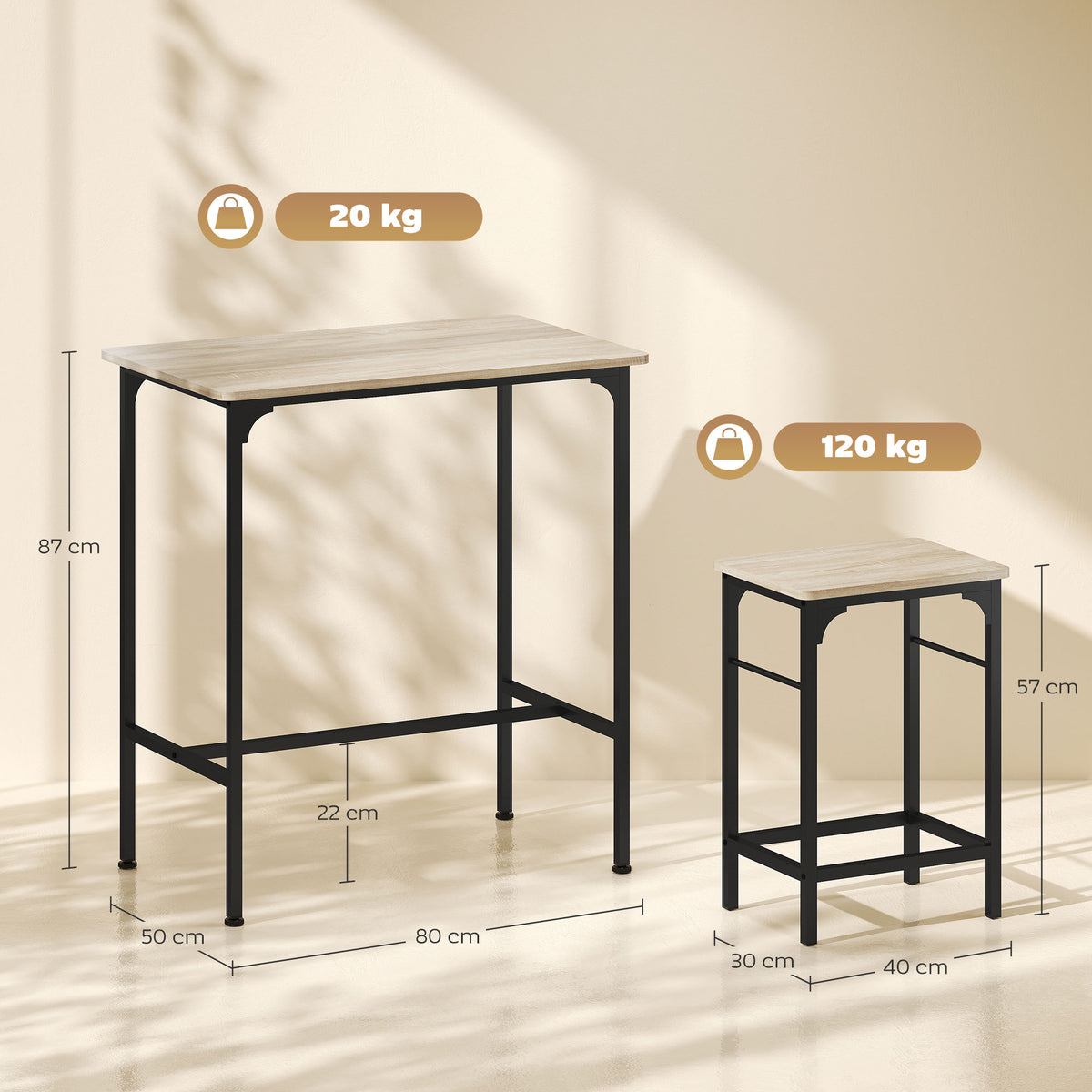 Bartisch-Set mit zwei Barhockern