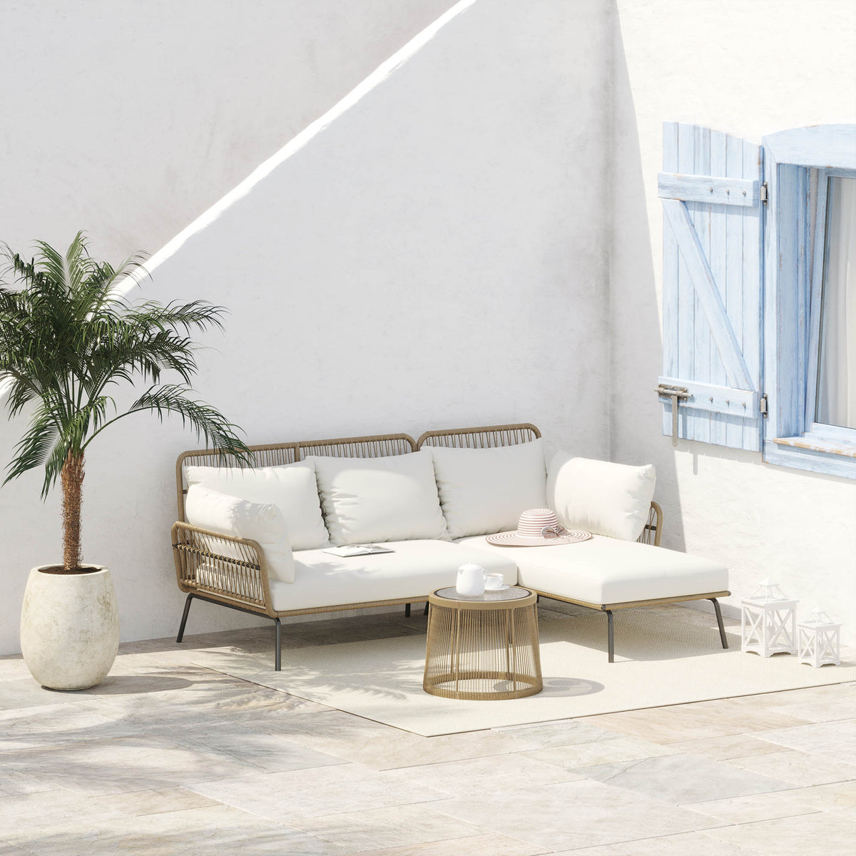 3-teiliges Rattan-Lounge-Set mit Liege und Tisch
