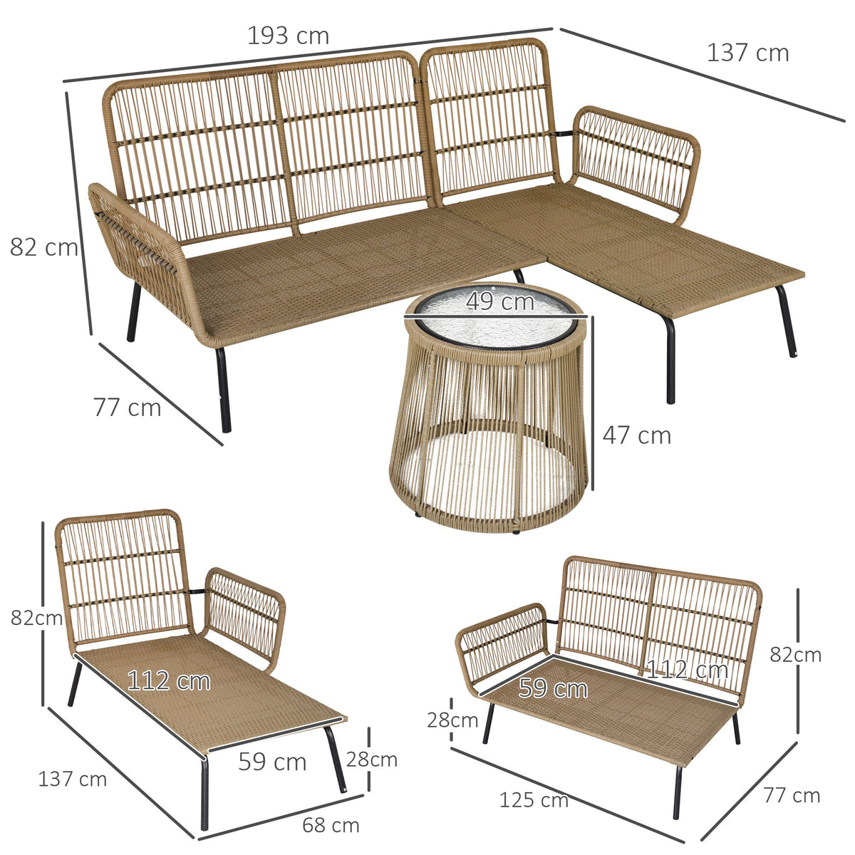 3-teiliges Rattan-Lounge-Set mit Liege und Tisch