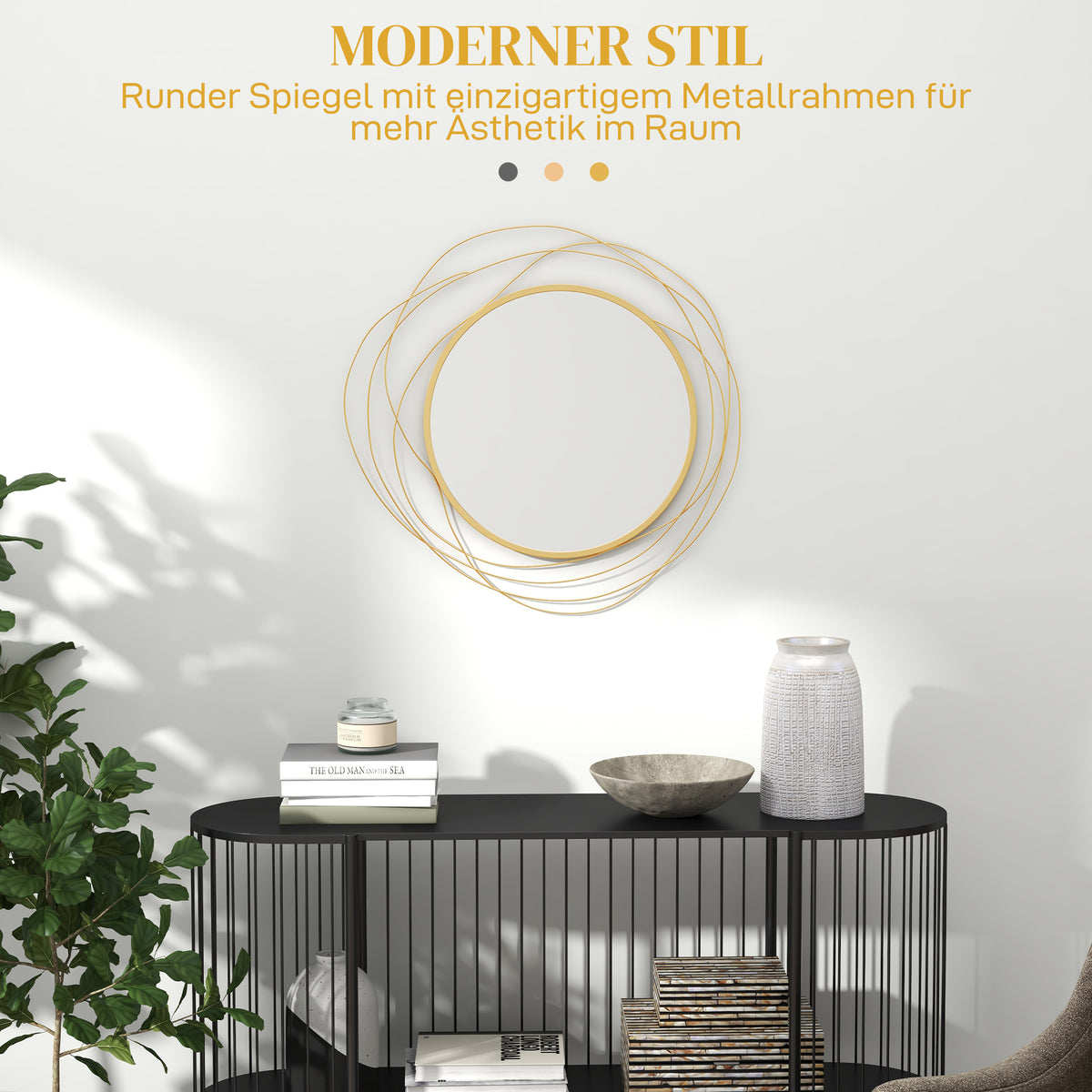 Runder Wandspiegel mit asymmetrischem Metallrahmen