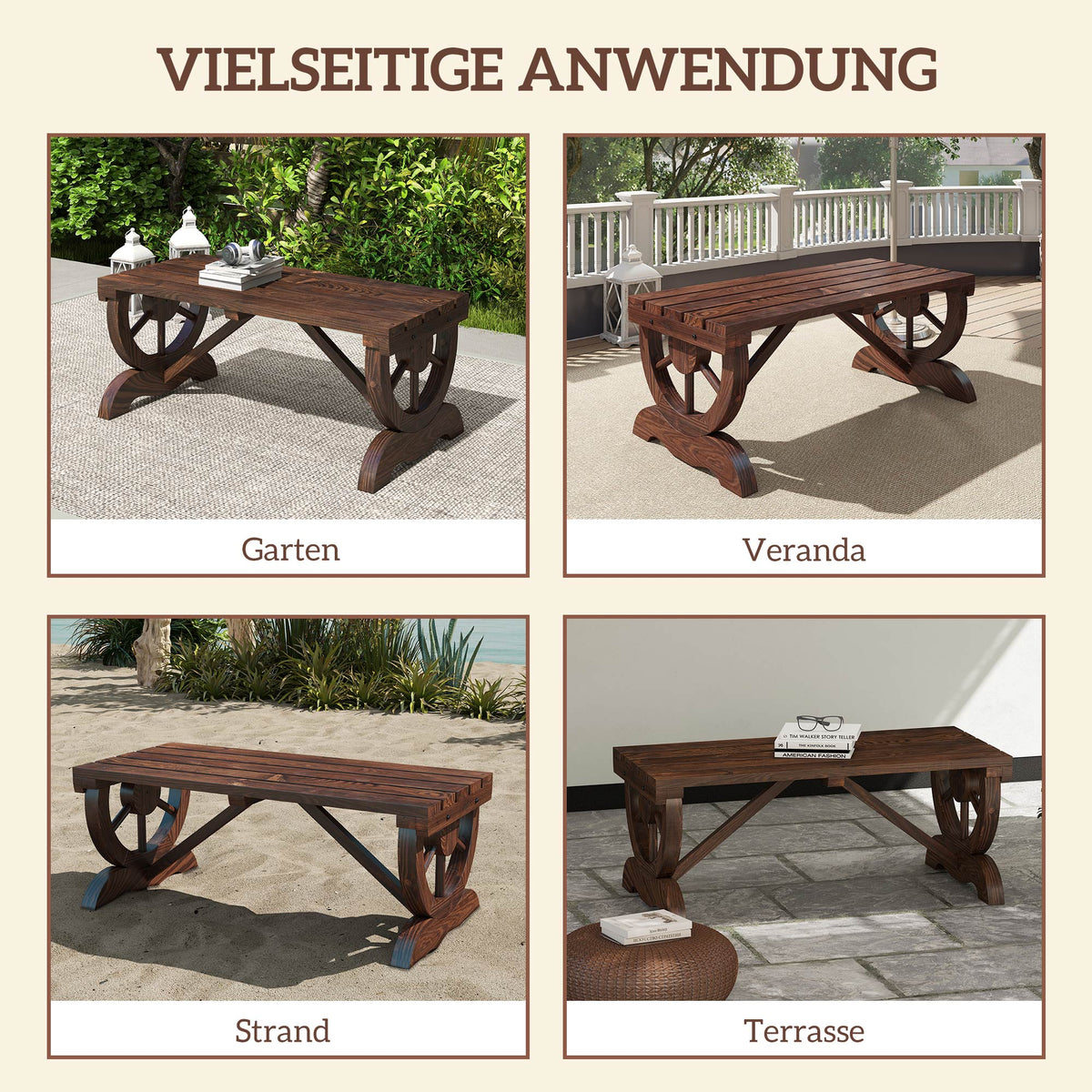 Rustikale Gartenbank aus Tannenholz mit Wagenrad-Beinen