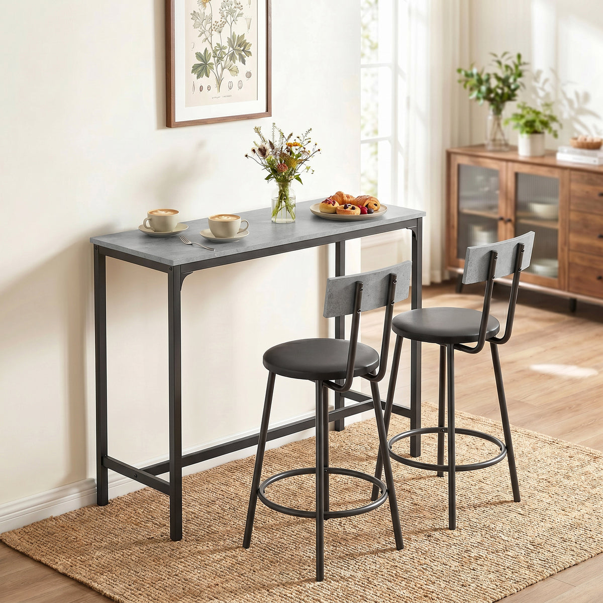 Bartisch-Set mit zwei gepolsterten Hockern